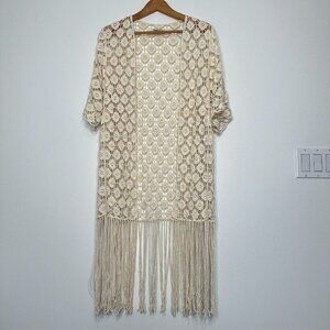 Rebellion Again Crochet Cardigan Size M Fringe Open front Boho Cotton